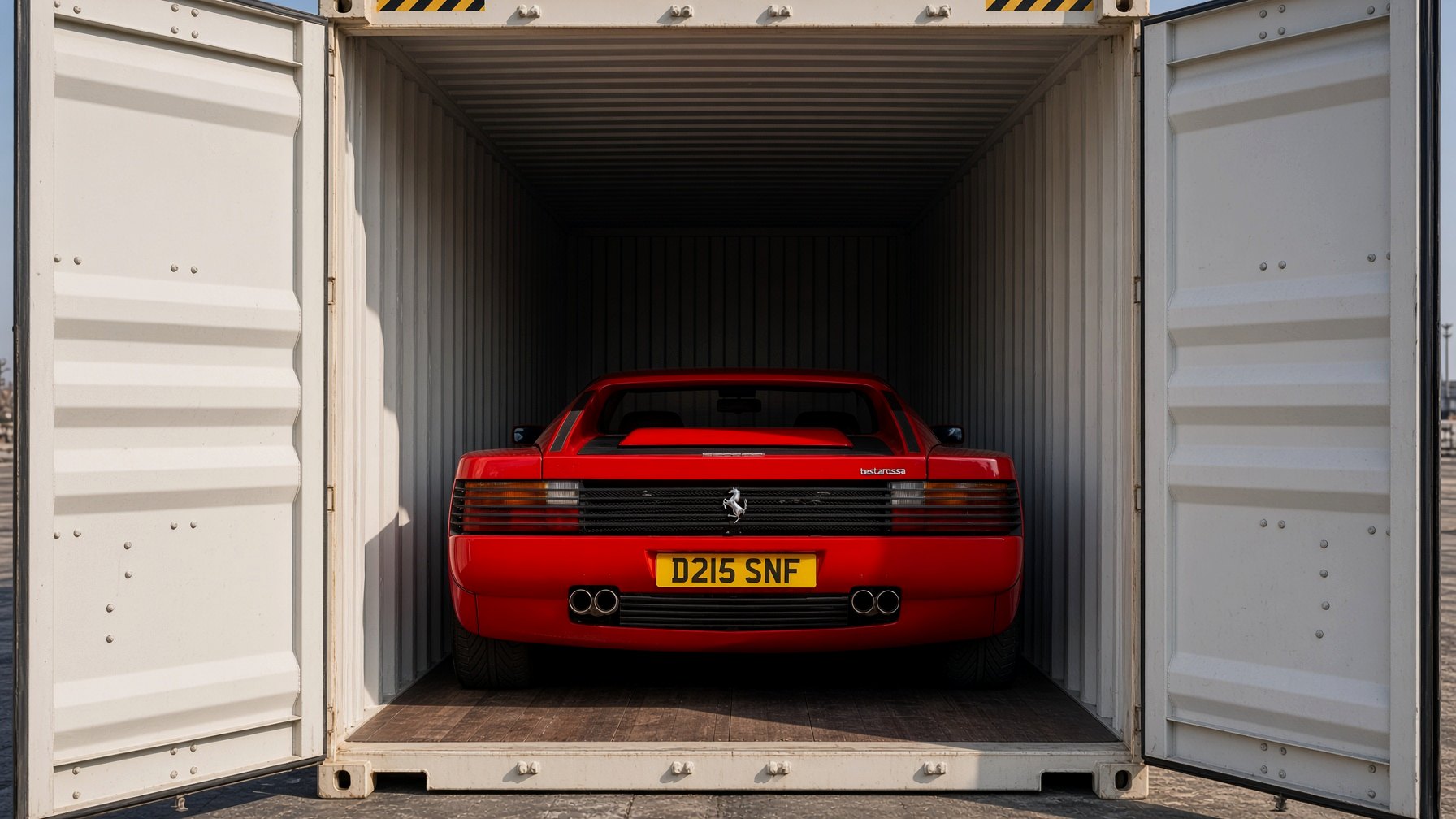 Ferrari Testarossa cargada dentro de un contenedor marítimo, puertas abiertas