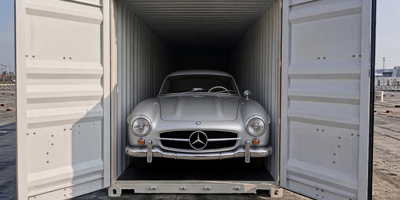 Mercedes-Benz 300 SL cargado dentro de un contenedor marítimo