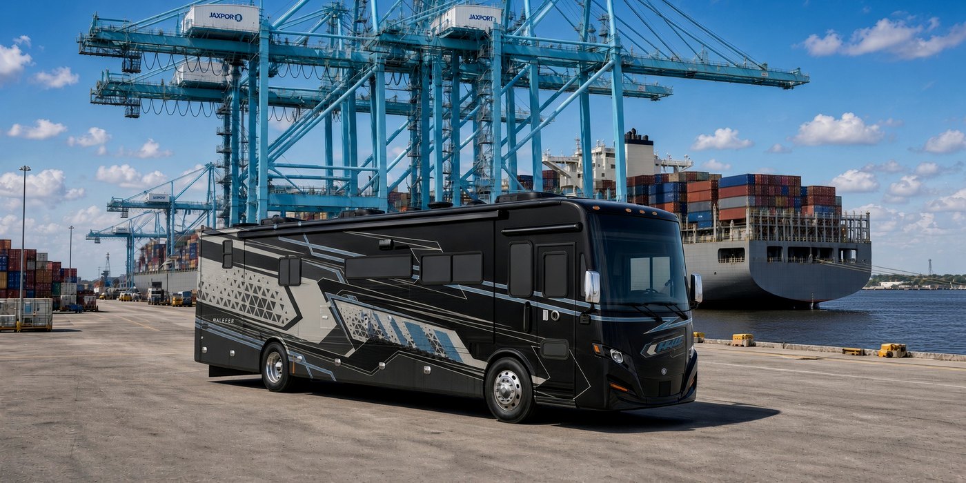 Motorhome Class A en el puerto, listo para embarcar